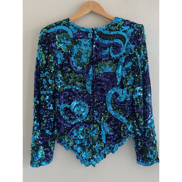 Laurence Kazar Vintage Beaded Multicolor Purple Long Sleeve Silk Top Festival - Picture 2 of 12